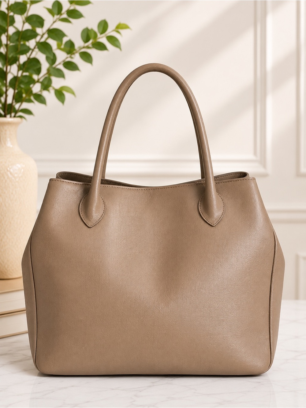 Furla Taupe Saffiano Leather Large Tote Shoulder Bag Work Business Laptop Purse